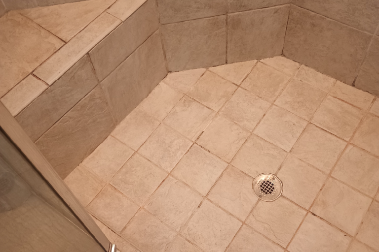 Dirty shower tile and grout before professional cleaning in Port Charlotte Florida showing stained grout lines