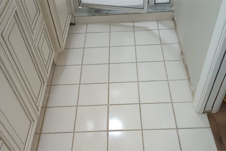 Dirty bathroom tile and grout floor before professional cleaning in Punta Gorda Florida showing dark grout lines