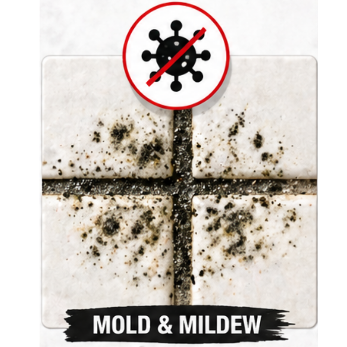 Mold and mildew icon showing dark stained grout caused by moisture buildup in Florida tile surfaces.